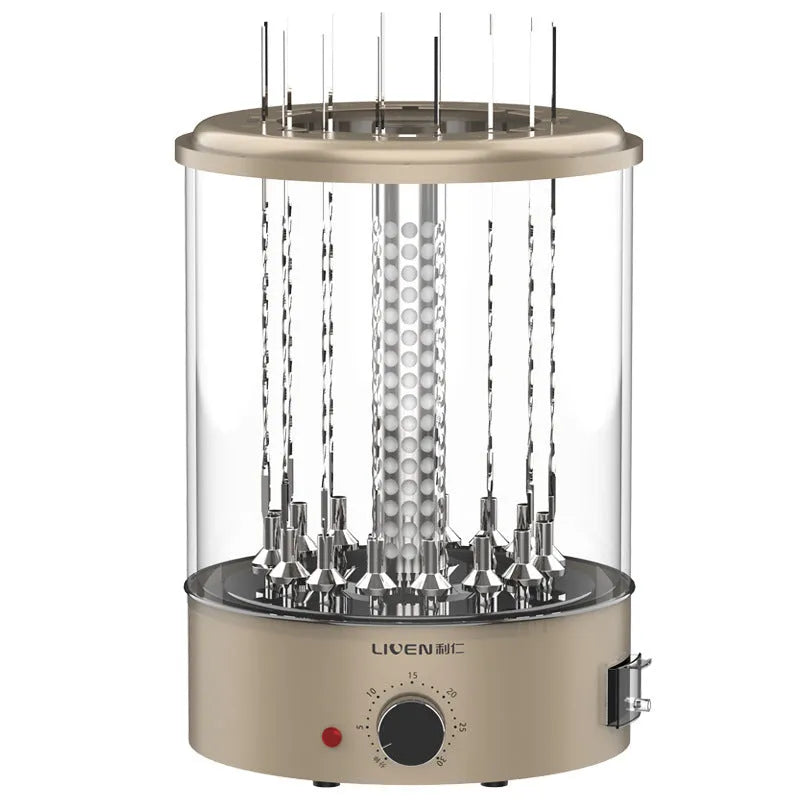 Household electric barbecue oven with automatic rotation, 210mm diameter, 1100W, on a kitchen counter