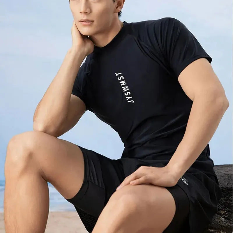Men's plus size swimming trunks set with top and pants in polyester fabric