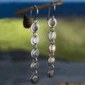 Geometric disc handmade moon long earrings in silver colour on alloy base, drop dangle style for women