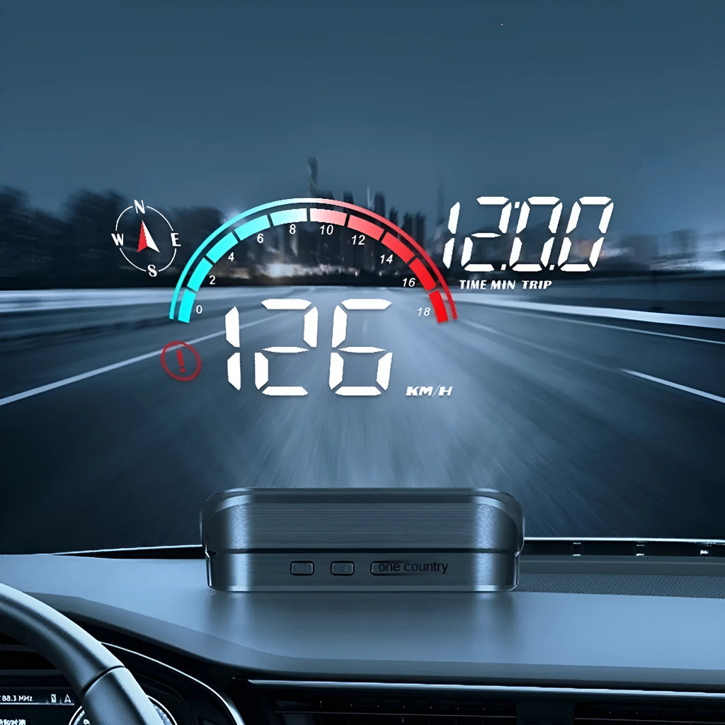 Black universal car head-up display GPS projector showing speed and compass data projection