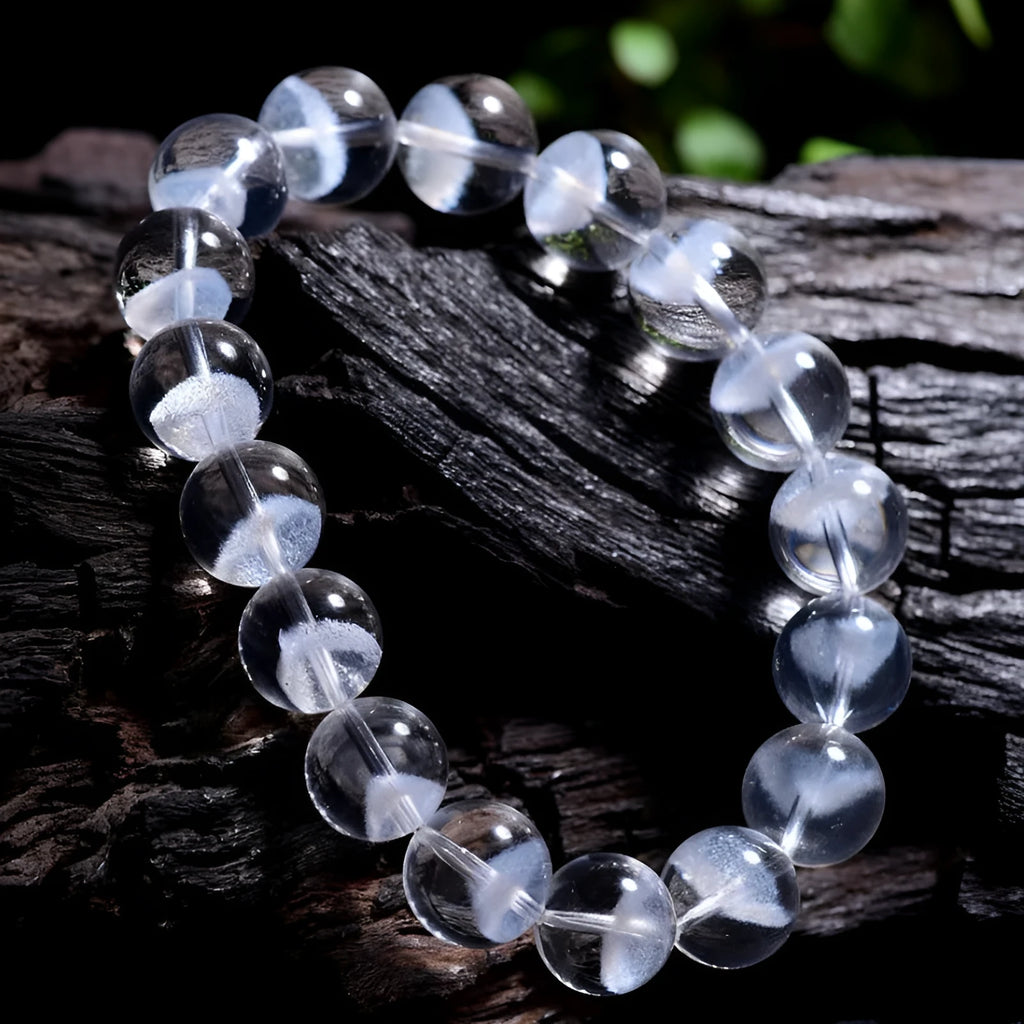 Women's natural white ghost pyramid bracelet with white crystal beads and a ruyi charm