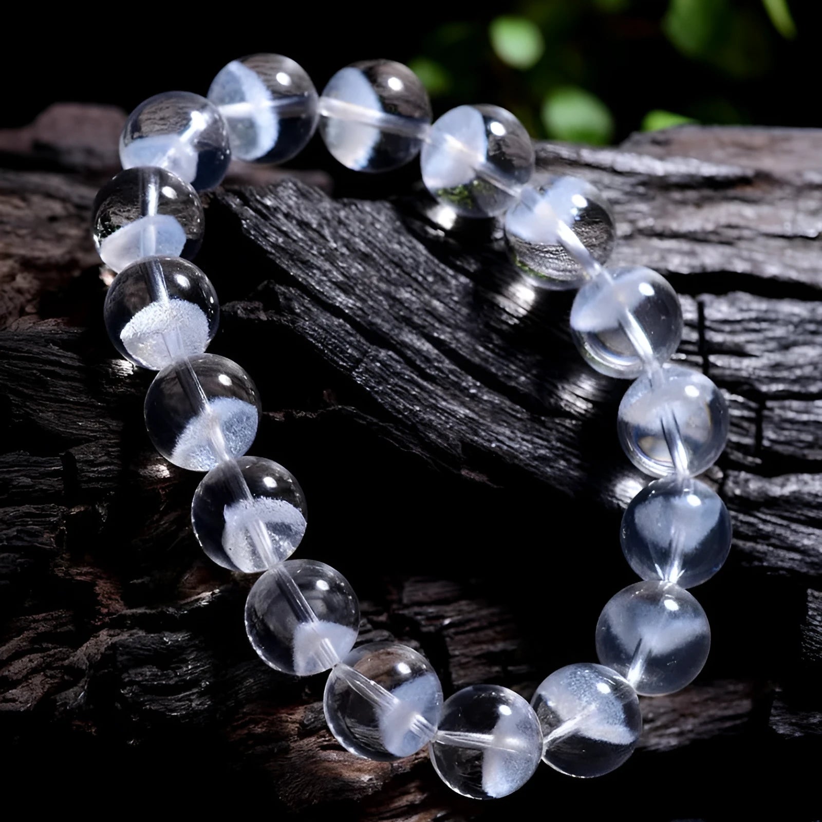 Women's natural white ghost pyramid bracelet with white crystal beads and a ruyi charm