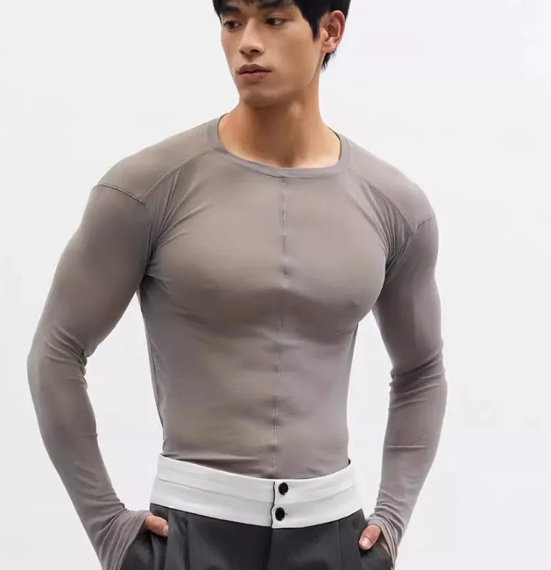 Black slim-fit women's pullover with mesh see-through texture and long sleeves.