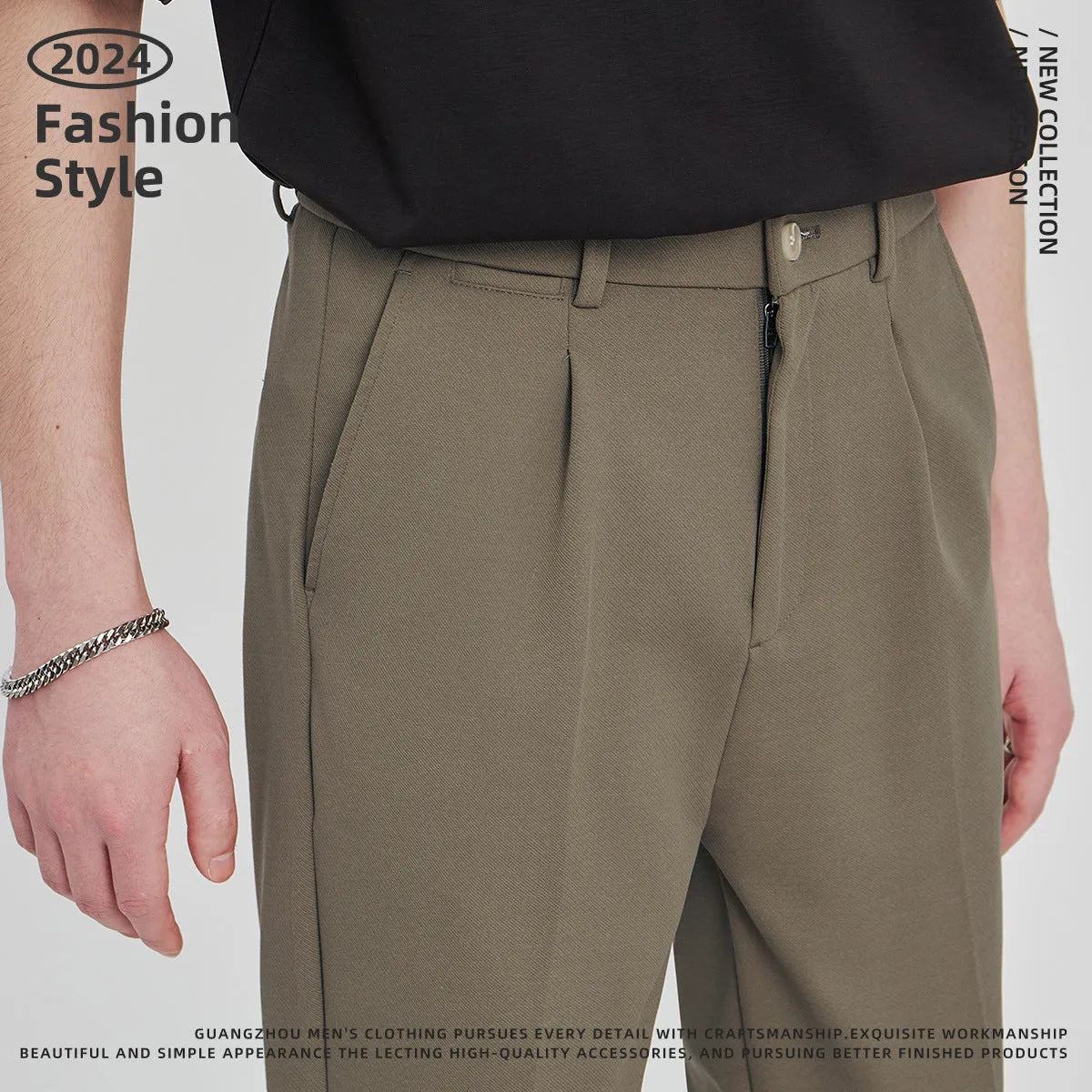 Men's slim-fit ankle length trousers in solid colour with zipper fly, anti-wrinkle polyester twill fabric