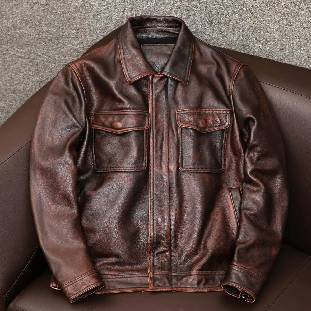 Men's black retro-style leather jacket with side pockets showing loose fit design