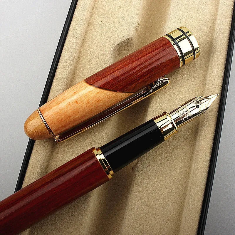 Wooden barrel fountain pen with brass metal components and included pen sleeve