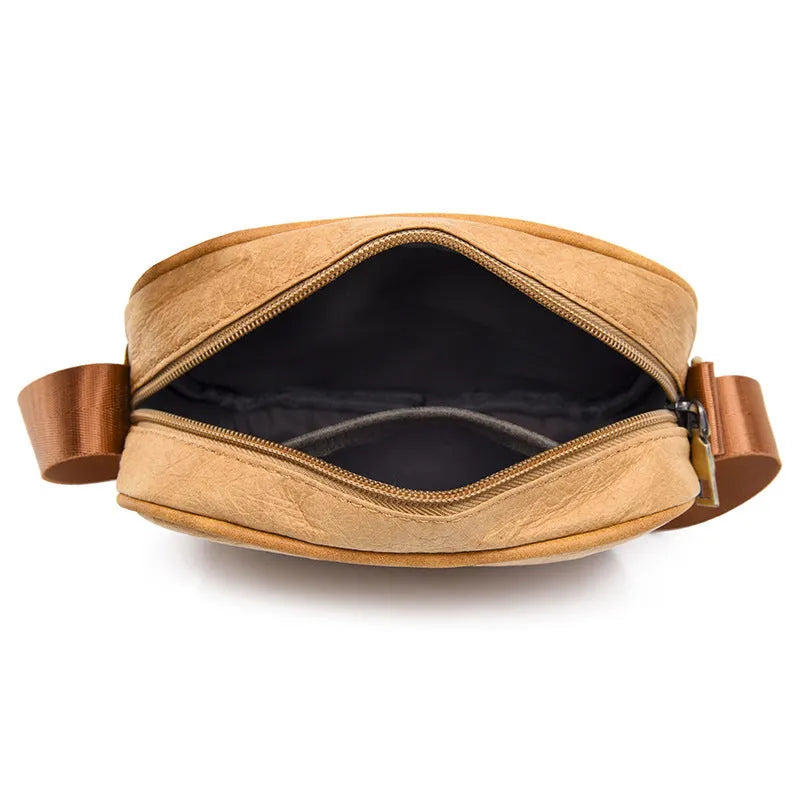 Men's retro style paper crossbody bag in black, brown, and silver colour options.