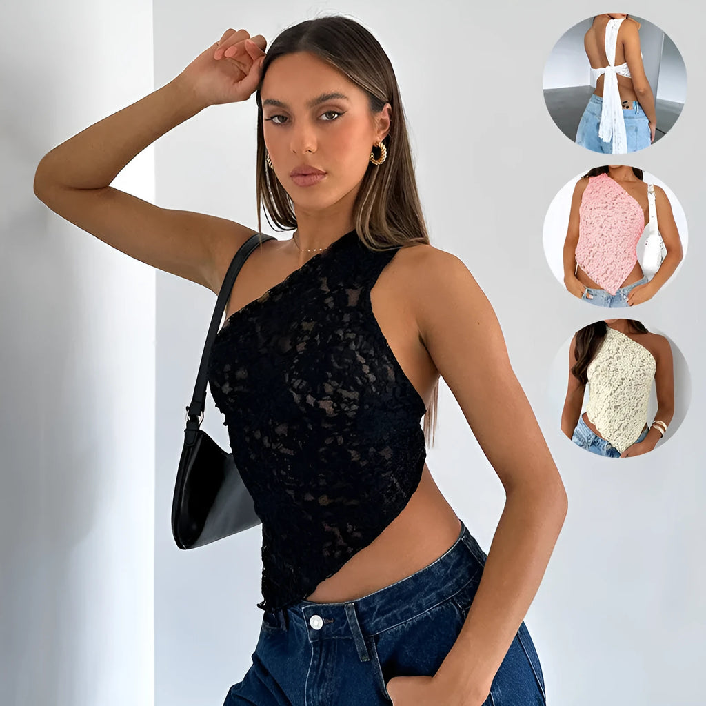 Women's lace backless vest top with asymmetrical neckline in solid colours