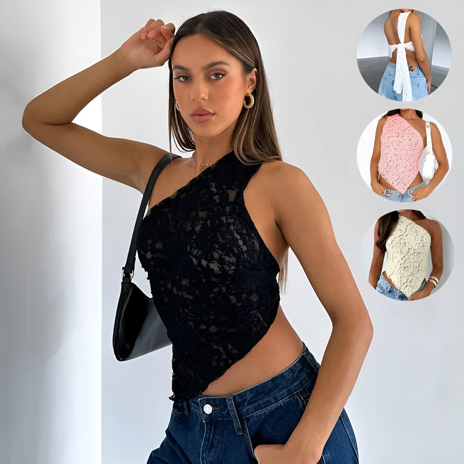 Women's lace backless vest top with asymmetrical neckline in solid colours