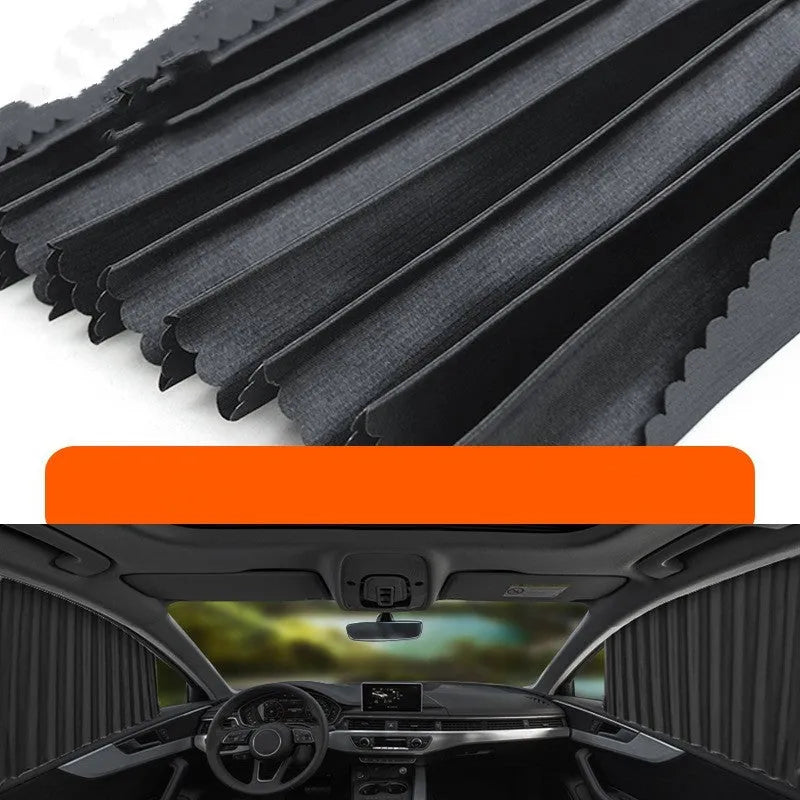 Auto retractable car sun curtain in thick opaque cloth material with roller shutter mechanism