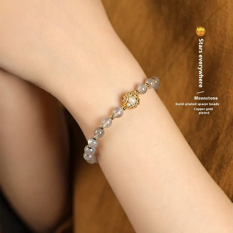 Hand-woven crystal bracelet with gray moonstone, sunstone, and strawberry quartz 6mm beads