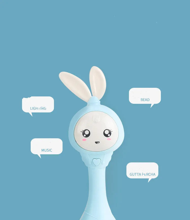 Baby molar music stick teether in light blue, mint green, orange or pink with chewable surface and electronic components