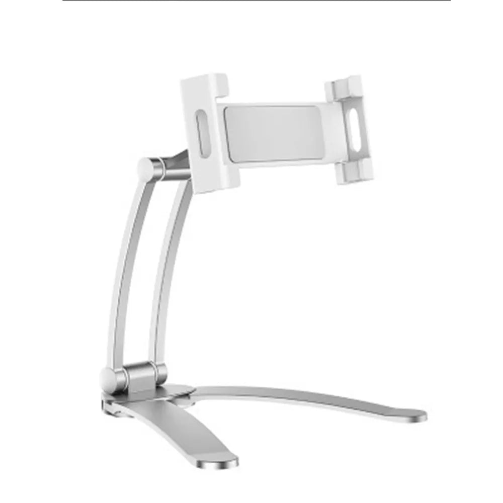 Silver and black aluminium alloy desktop tablet stand with adjustable arm and dual clamps.