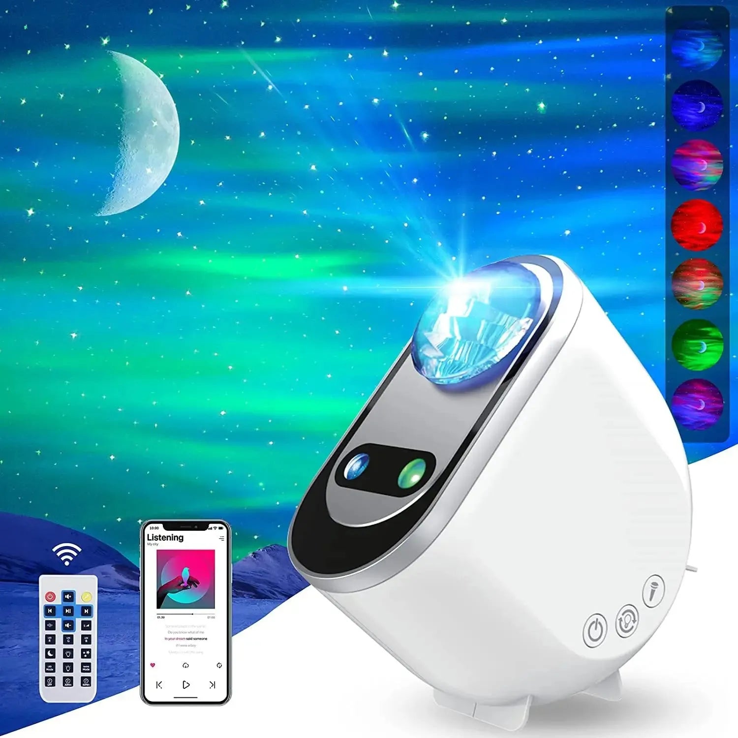 White ABS plastic star projector lamp with aurora borealis and galaxy night sky projection effects