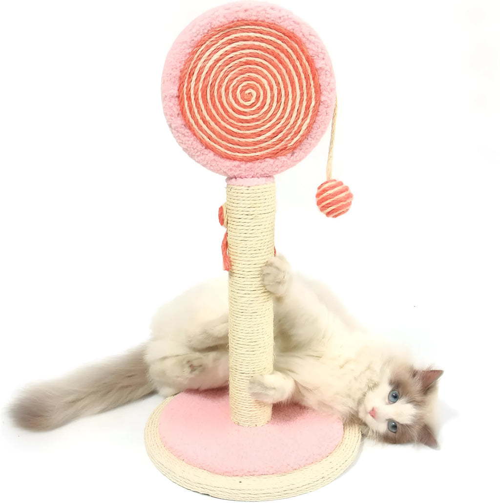 Blue cat scratching post with sisal rope and a hanging yellow ball toy on a sturdy wooden base.