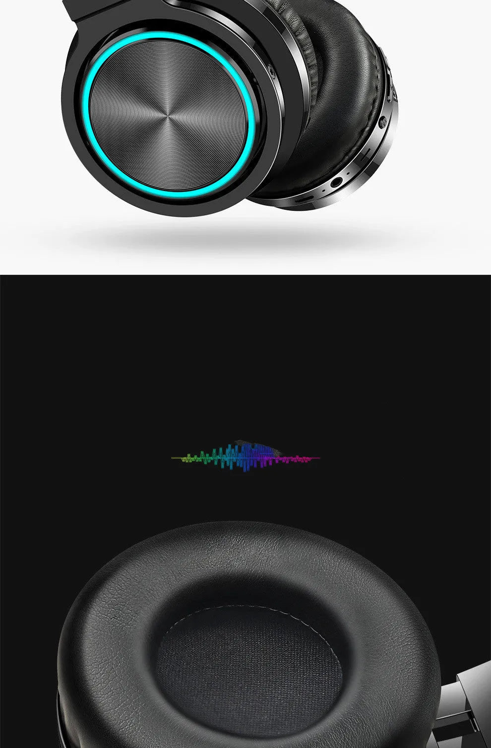 Folding wireless Bluetooth headset in black, black and red, or white and grey colours showing head-mounted design