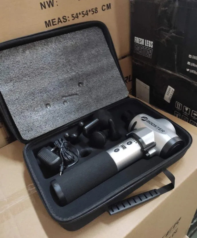 Black and white professional muscle massage gun with adjustable speed settings