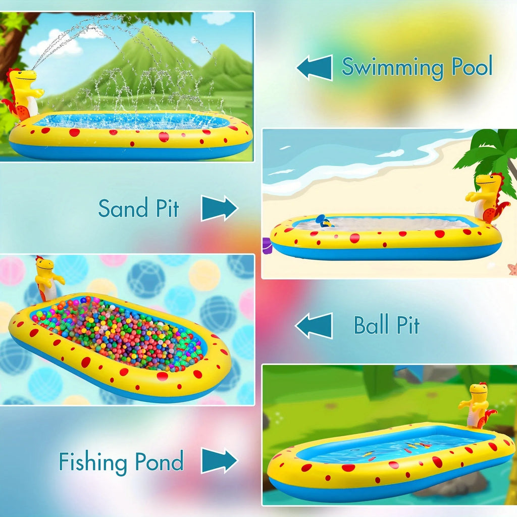 Blue dinosaur inflatable water spray pool measuring 170x105x65cm for outdoor children's play