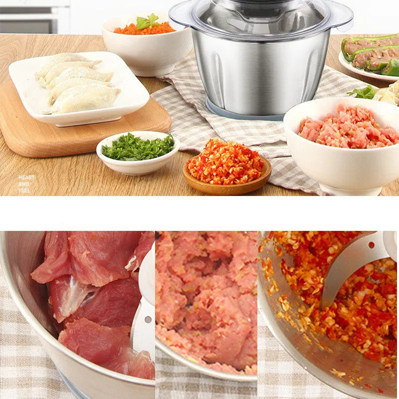 LONG PLUS 200W electric meat grinder with stainless steel blades on a kitchen counter