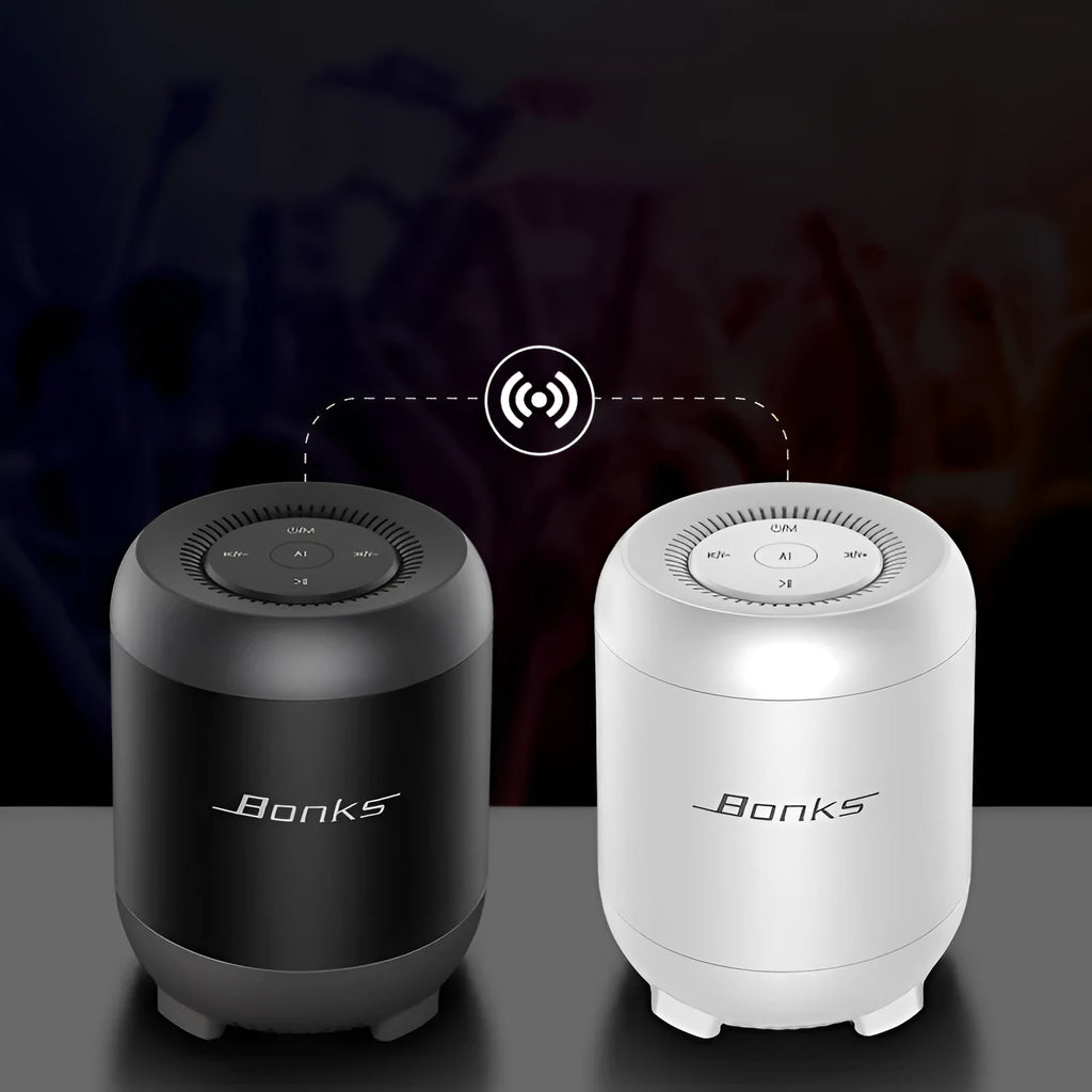 Black and white Bluetooth speaker with AI voice control and bass enhancement features