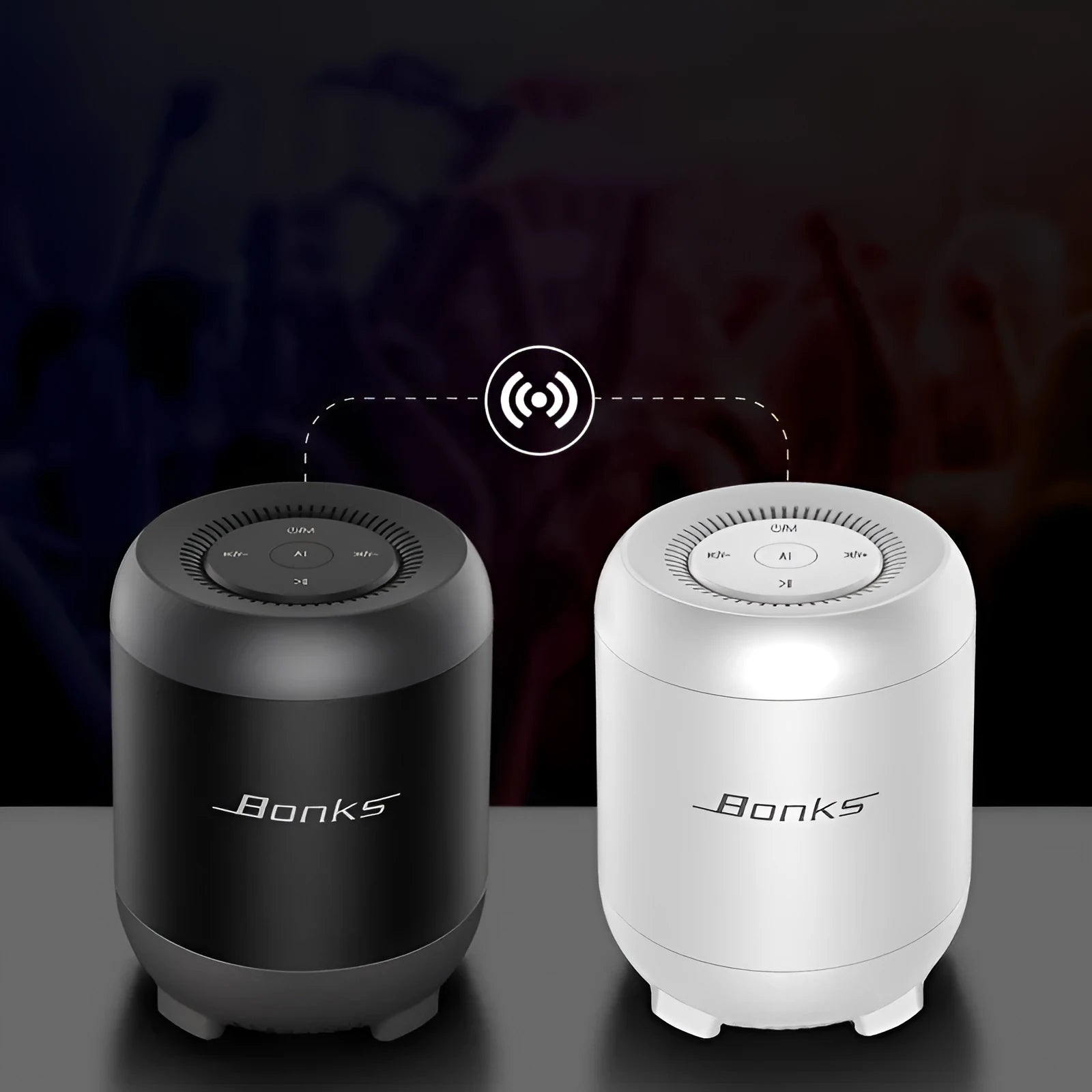 Black and white Bluetooth speaker with AI voice control and bass enhancement features