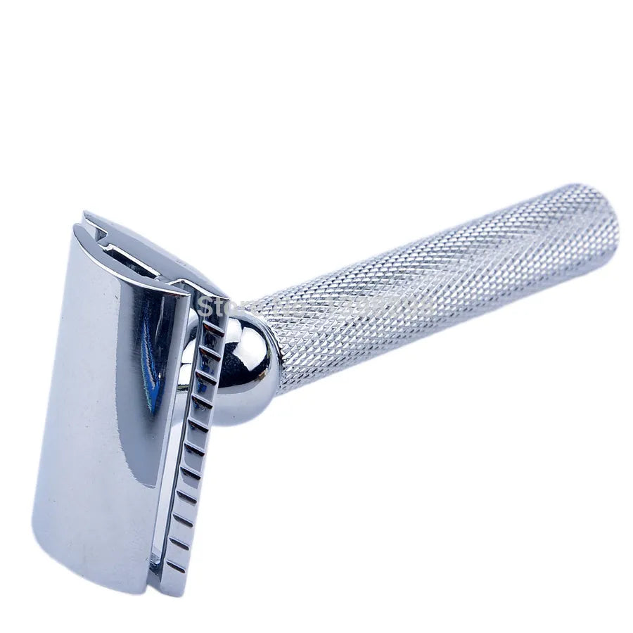 CSB shaving set with chrome stand holding a double edge safety razor and a badger hair brush, with a zinc alloy soap bowl and blades.