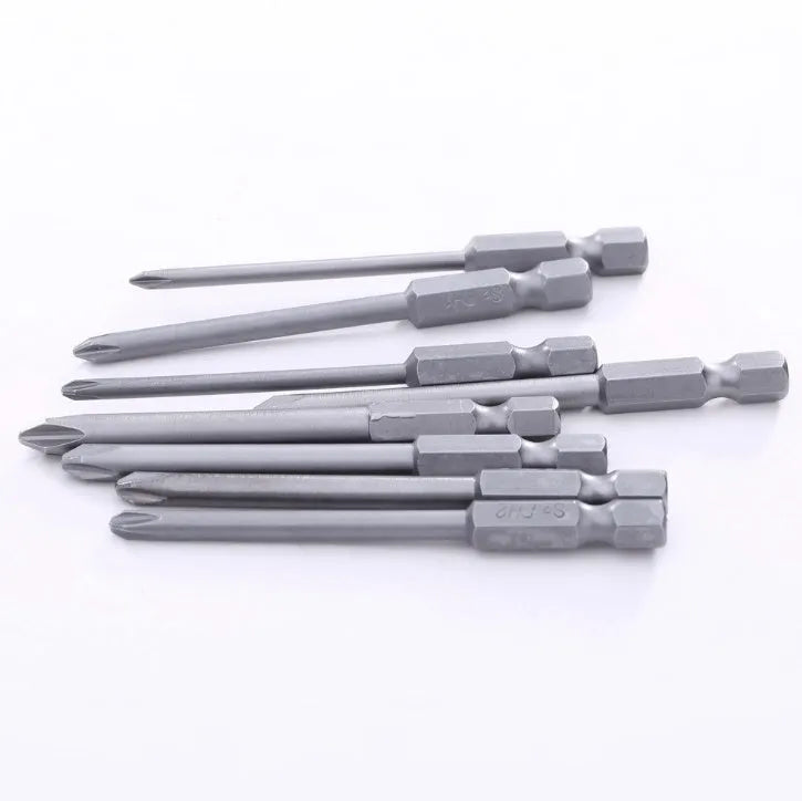 Set of eight long silver magnetic Phillips screwdriver bits with 1/4 inch hex shanks on a white background.