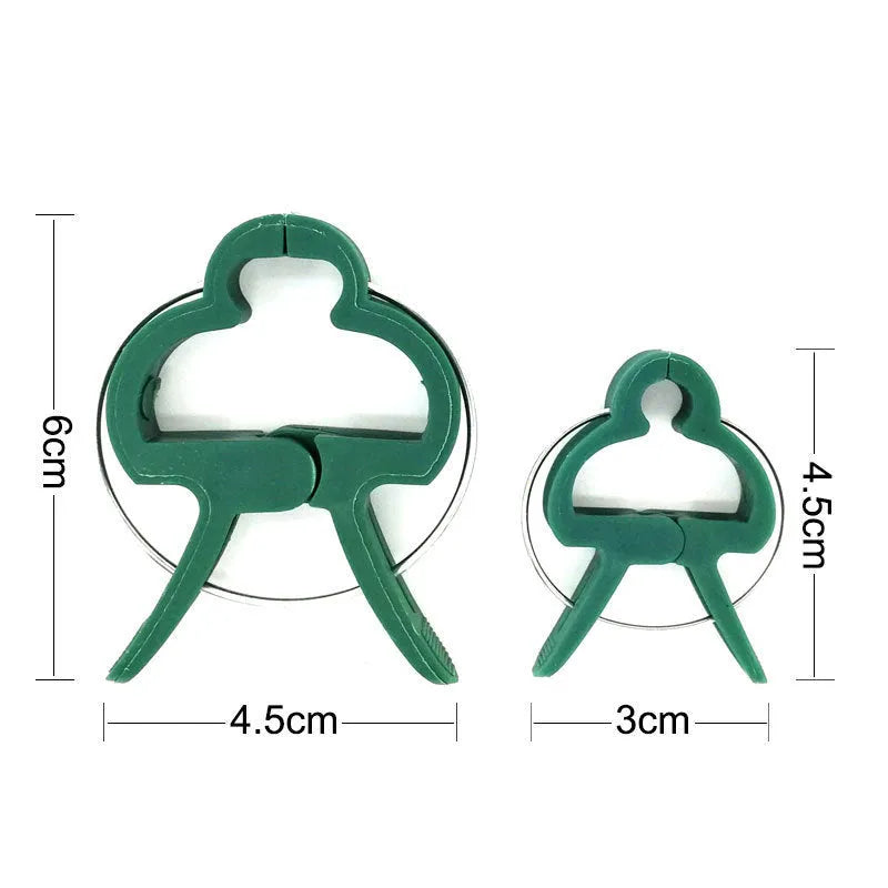 Green plastic and zinc plant fixing clips in large and small sizes for garden vine support.