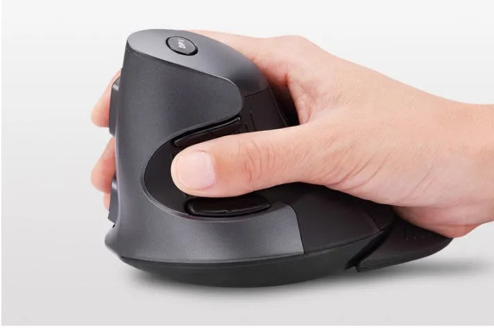 M 618 black and white wireless vertical ergonomic mouse showing its contoured shape and scroll wheel.