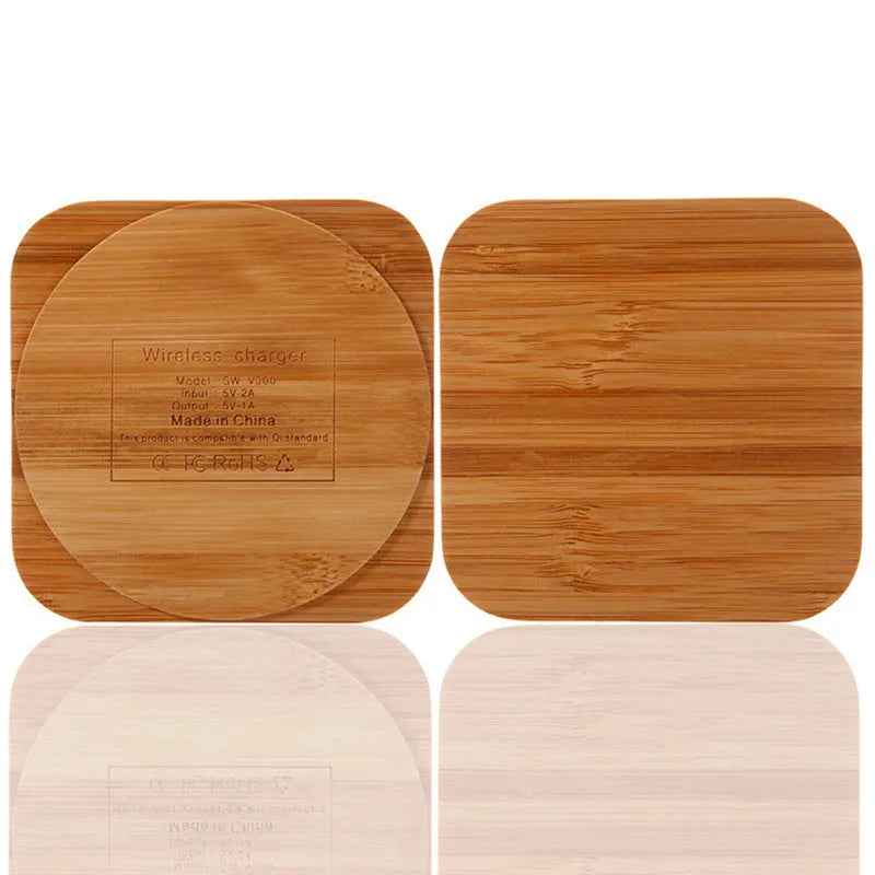 Square wooden bamboo 5W Qi wireless charger on a surface