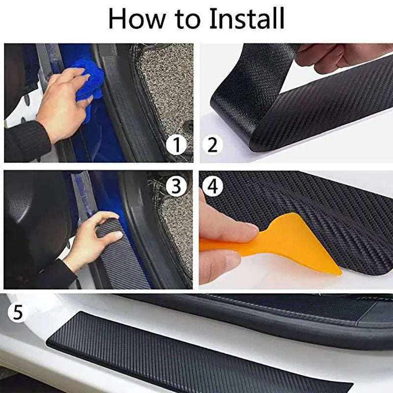 Matte carbon fibre roll for car door sill protection with 3D texture, shown in various widths on a 5-metre spool.