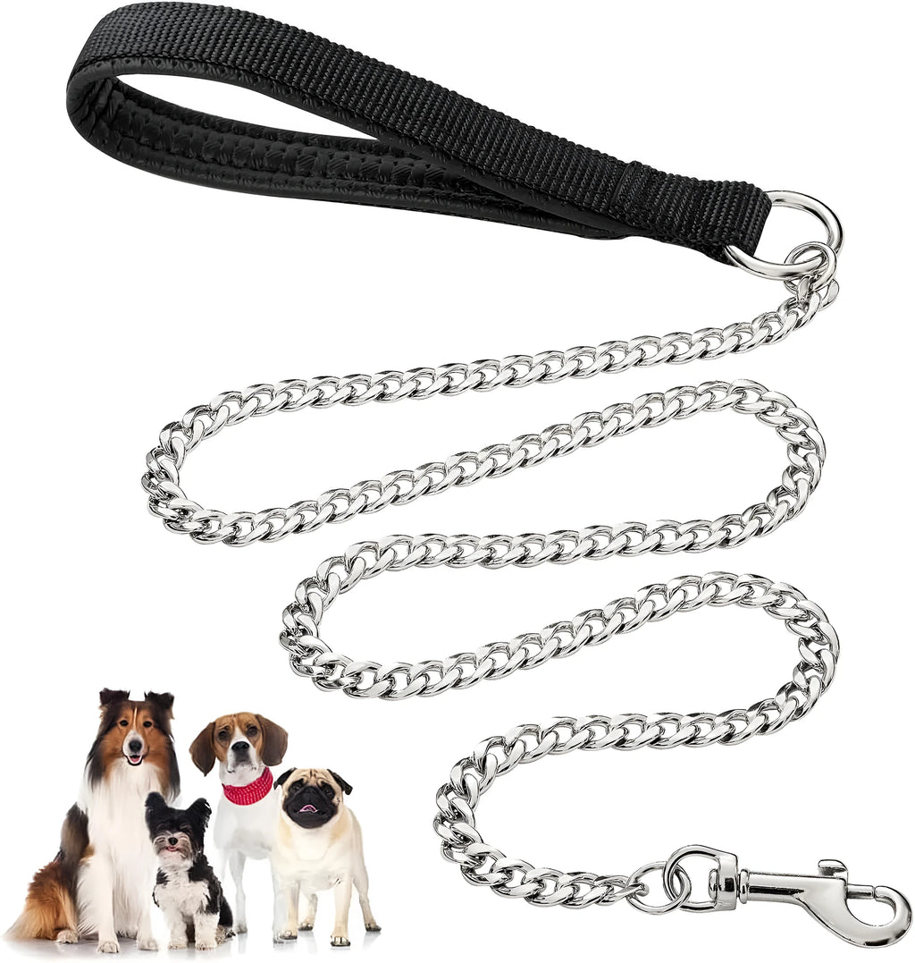 Heavy duty metal dog chain leash with a soft black padded handle, shown at full 120cm length.