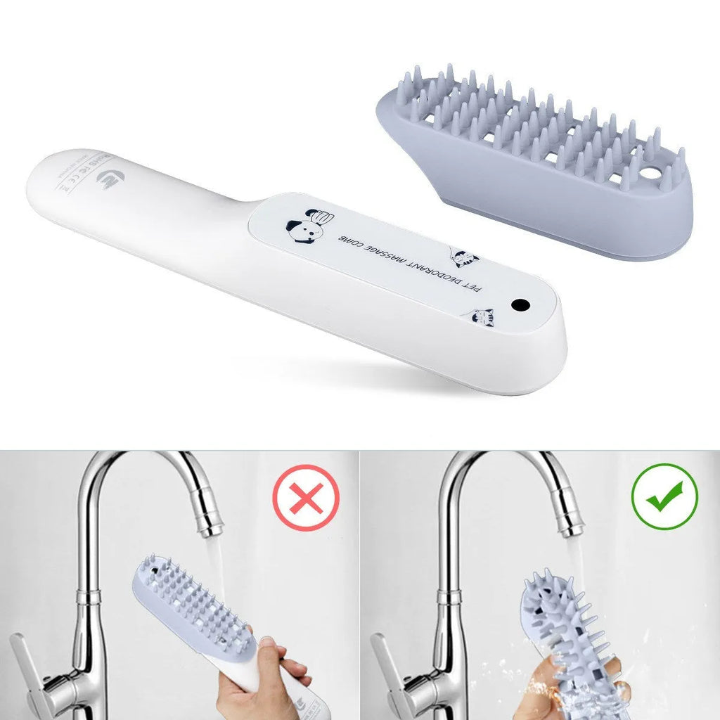 Blue ABS pet grooming comb with removable silicone massage head and ozone sterilisation function