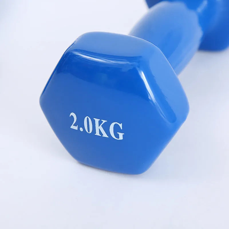 Bright coloured plastic fitness dumbbells with glossy surface in various weights for home workouts