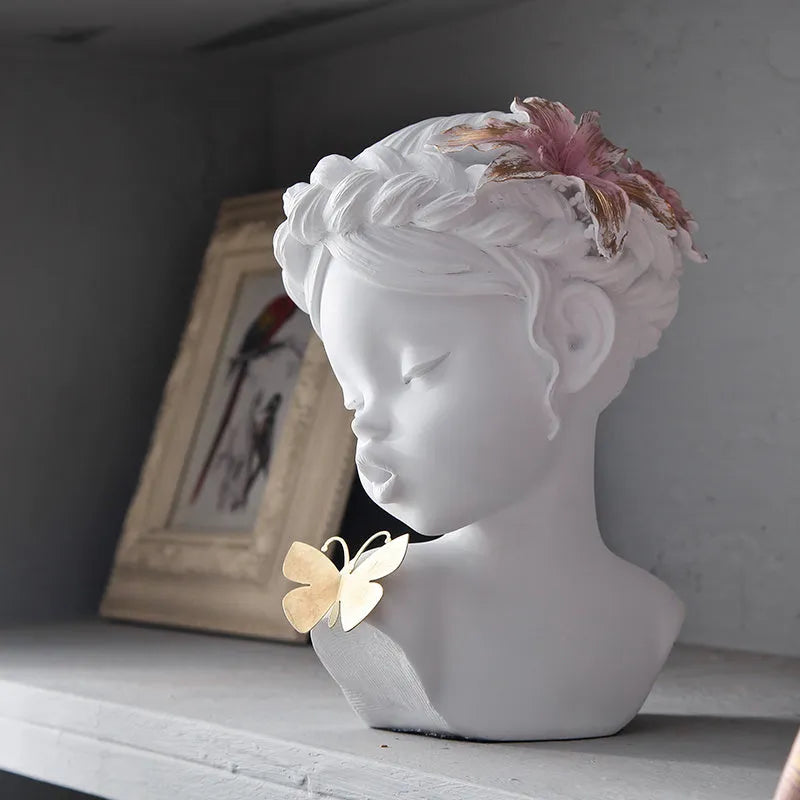 Nordic style resin desktop decoration, light blue and white character figurine, semi-handmade finish