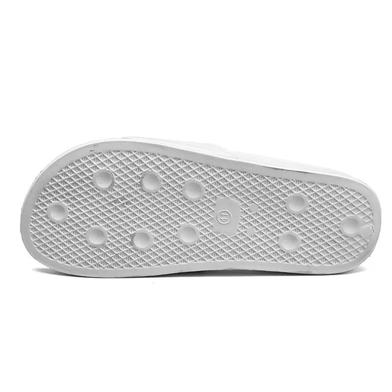 Men's black open-toe personalised slippers with rubber soles showing available size range