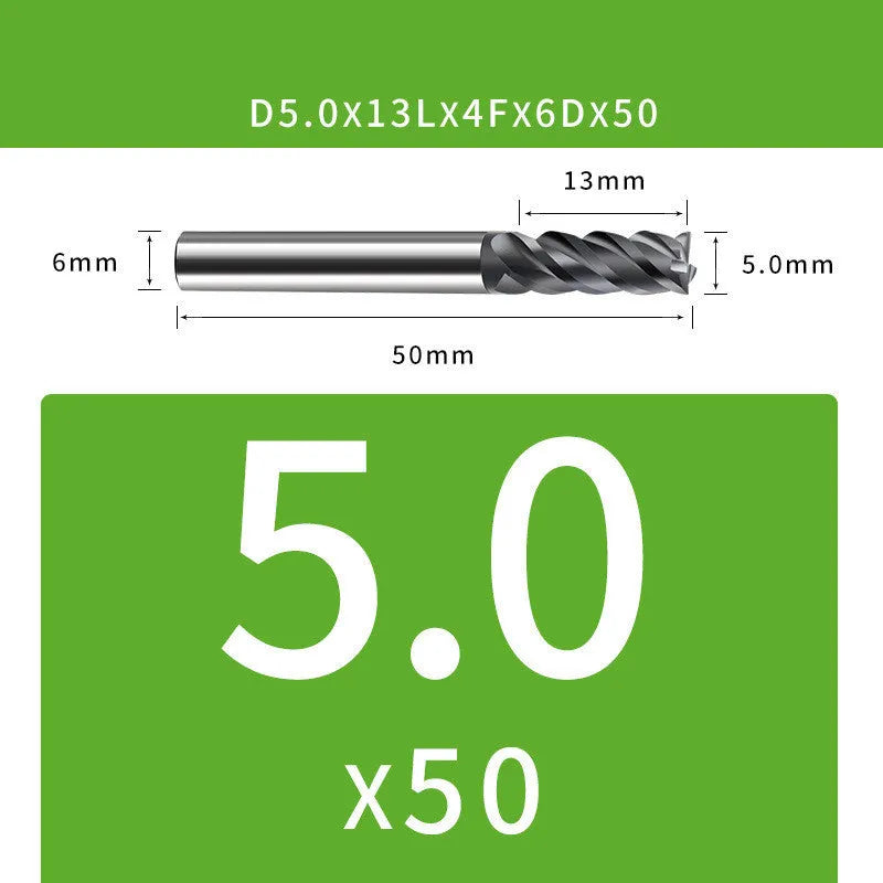 4-blade tungsten steel end mill showing cutting edges and diameter markings