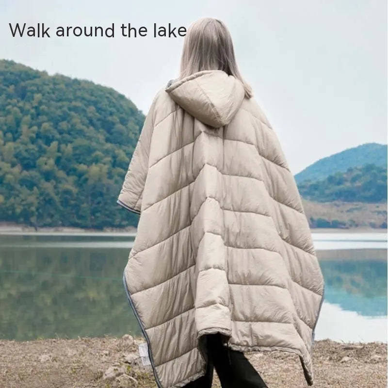 Adult wearable camping cloak sleeping bag showing grey and army green colour options