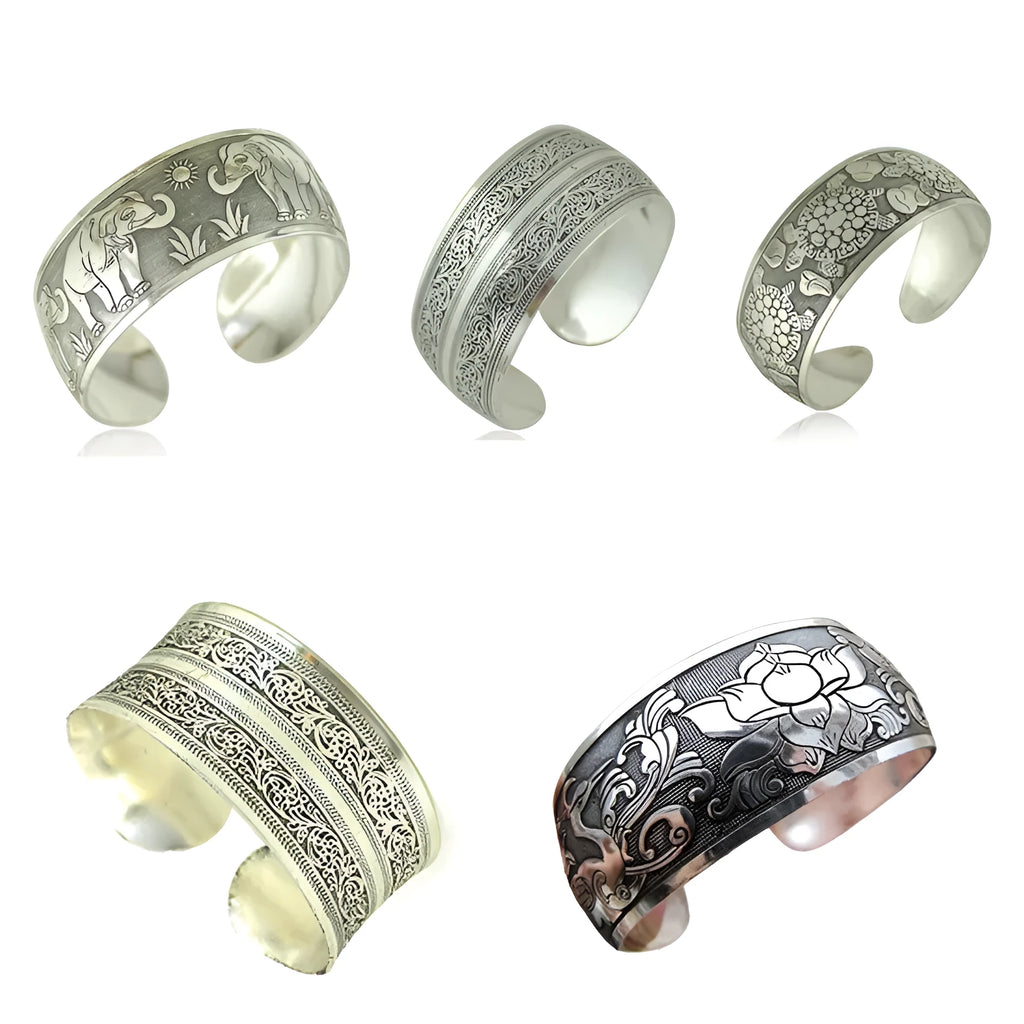 Ethnic carved open Miao pattern bracelet in alloy with Roman shape design