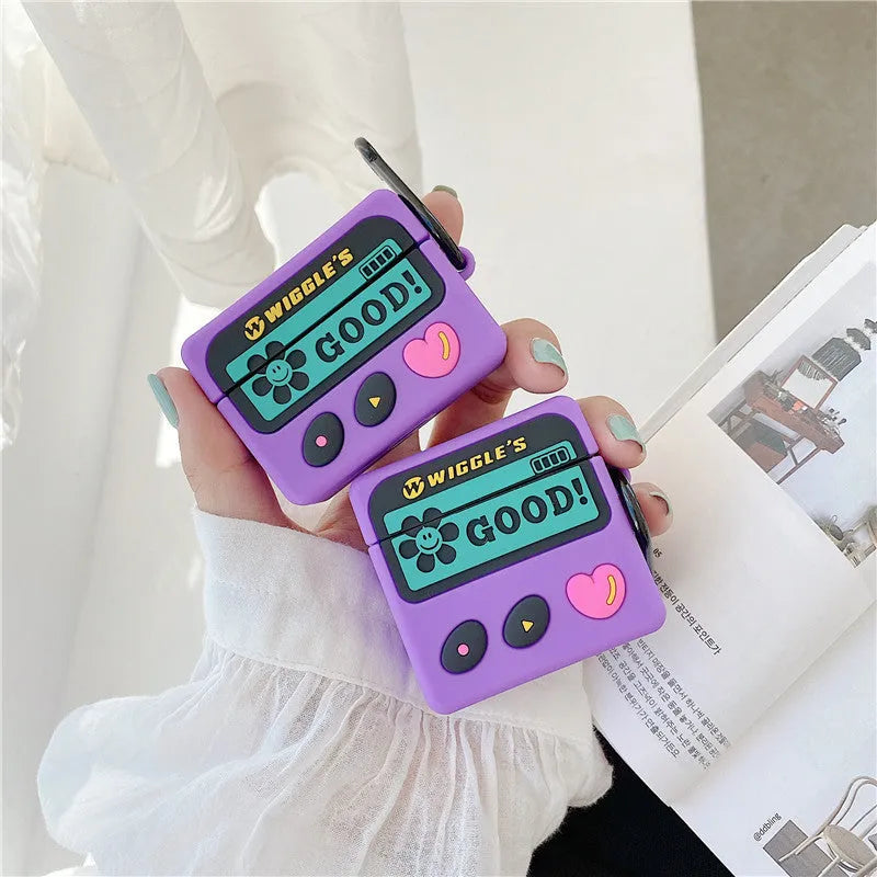 Purple retro silicone back cover case for AirPods 1 2 and Pro 3 with hook attached