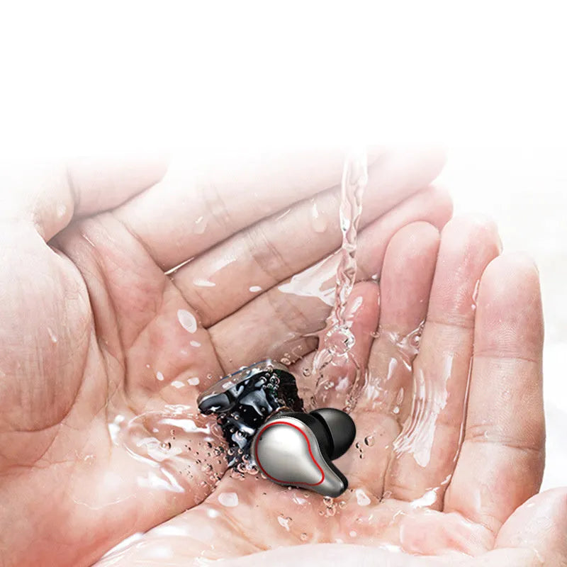 Black and blue in-ear Bluetooth headset with bilateral stereo sound configuration