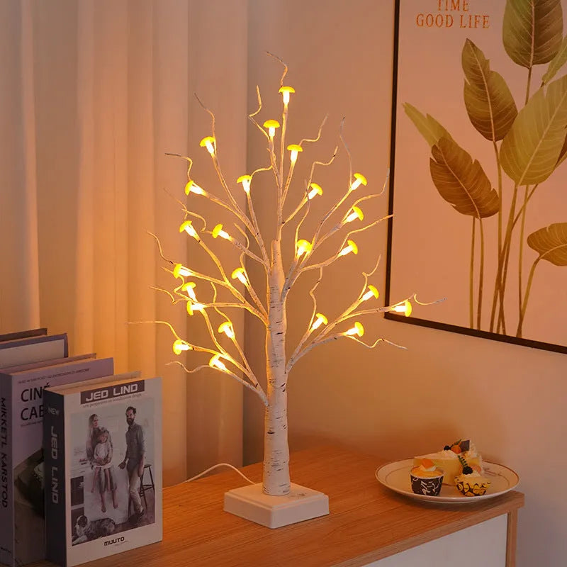 60cm tall white birch LED tree lamp with small mushroom-shaped lights on branches.