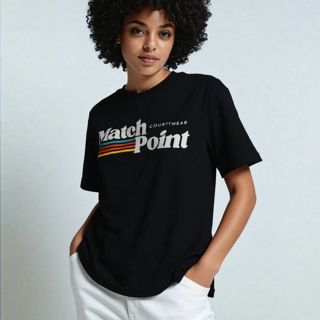Black men's T-shirt with a 3D printed text design, short sleeves, and a round neck.