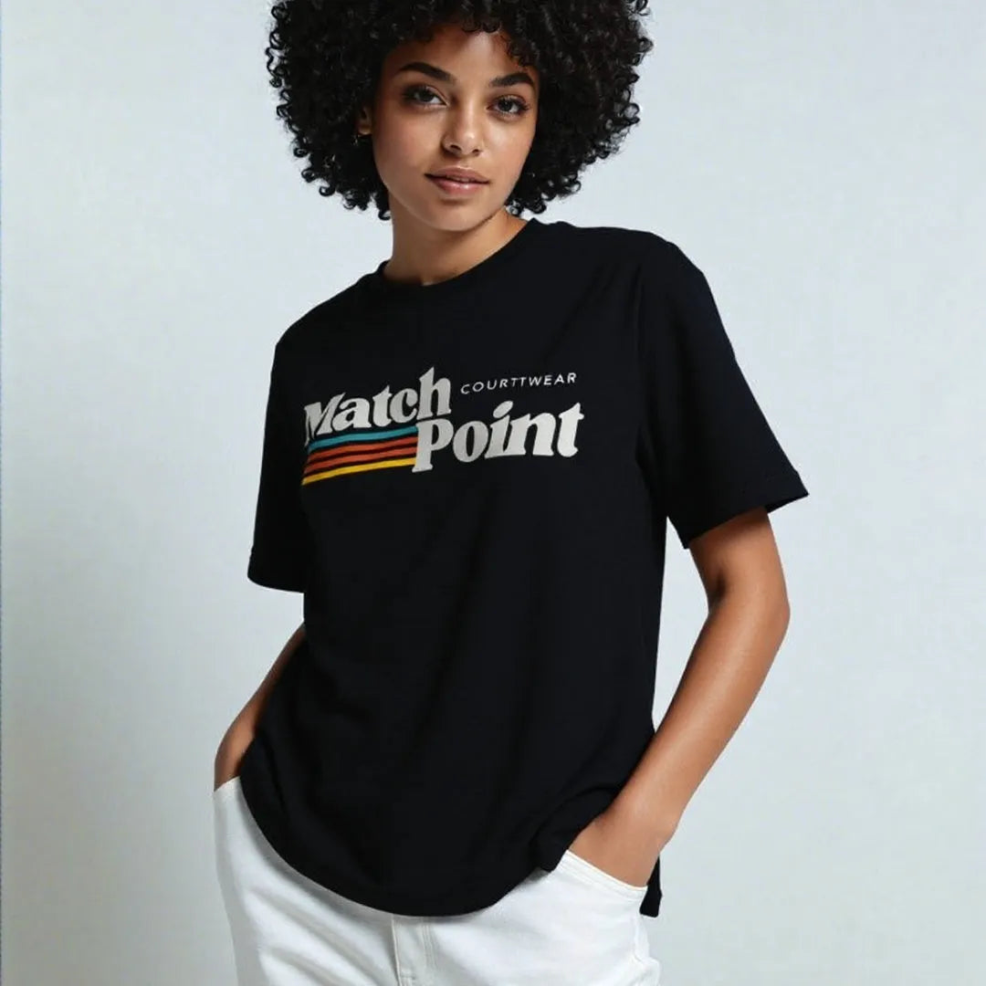 Black men's T-shirt with a 3D printed text design, short sleeves, and a round neck.