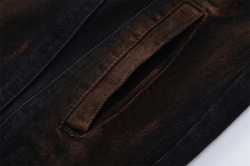 Black cotton denim jacket for men with fashion holes in street style