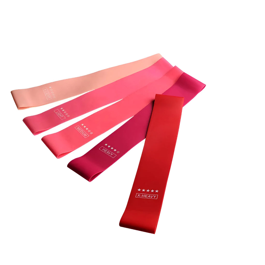 Five pink gradient latex yoga tension bands with varying thickness for resistance training