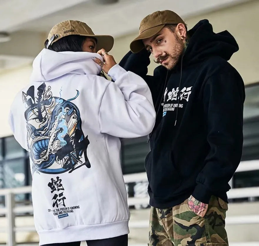 Men Chinese letter hooded cotton pullover sweatshirt in black and white options