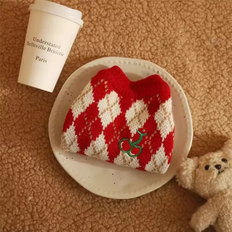 Red cat sweater with diamond embroidery cherry pattern for autumn and winter wear