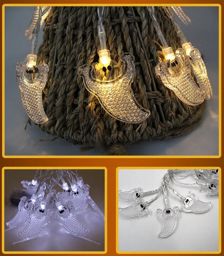 Halloween LED string lights with pumpkin, ghost, and bat decorations on a 1.2m white wire.