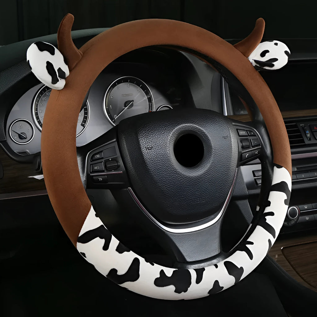 Plush car steering wheel cover in black with 38cm diameter measurement